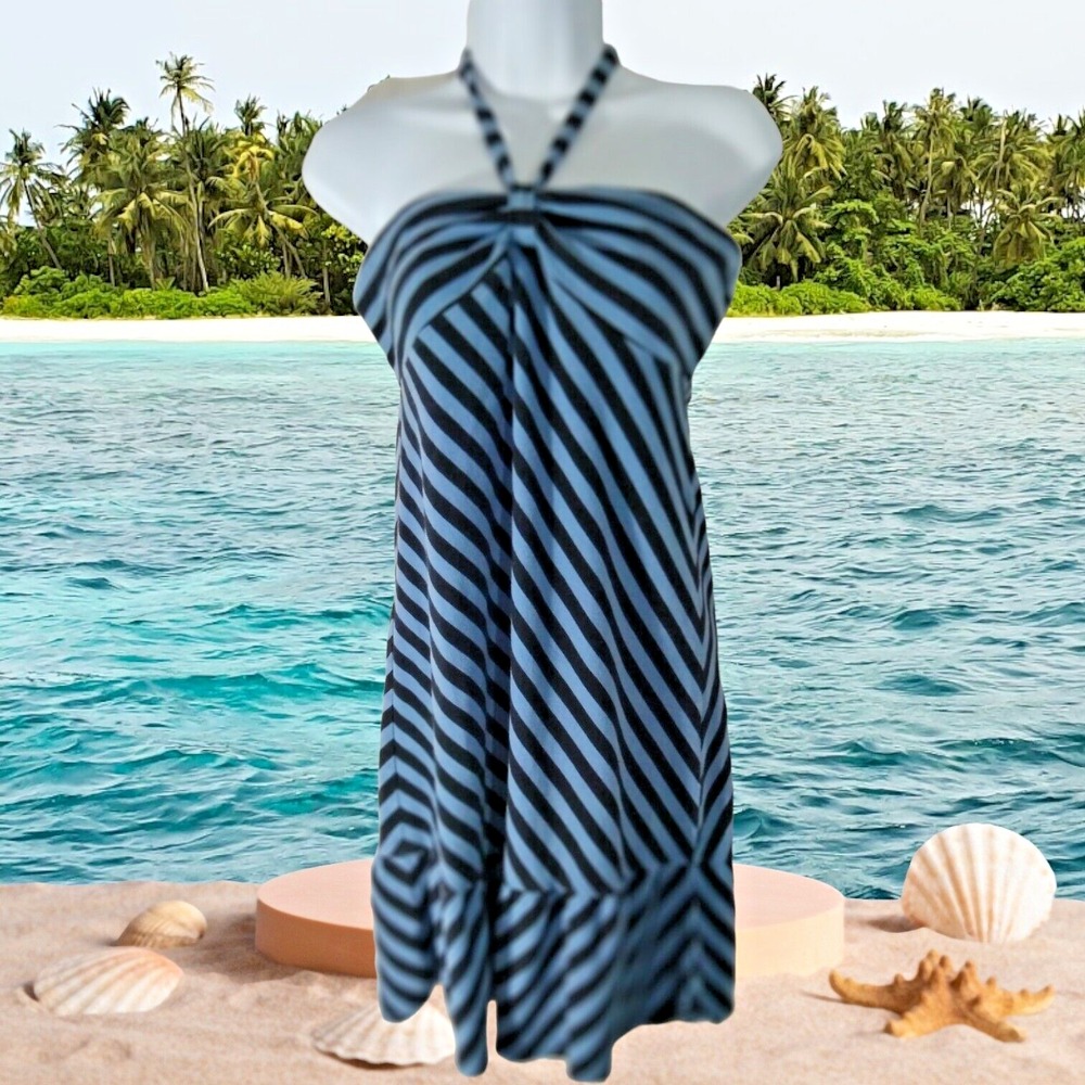 Striped Halter Mini Dress‎ Blue Black Ruffle Hem Summer Sun Dress Size MP